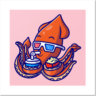 Cute Squid Watching Movie With Popcorn And Drink Cartoon Posters and Art